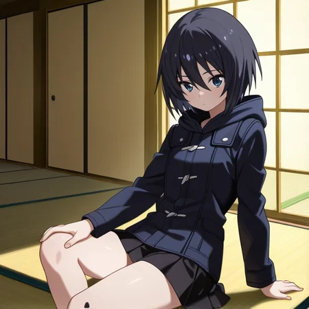 <lora:IL_Yamoto_Koki:1>,nin_sly_k,1girl,solo,Yamoto Koki,short hair,black hair,blue eyes,
hooded jacket,black miniskirt,
tatami,sit,arm support,hand on own knee,, masterpiece,best quality,amazing quality,very aesthetic,absurdres,