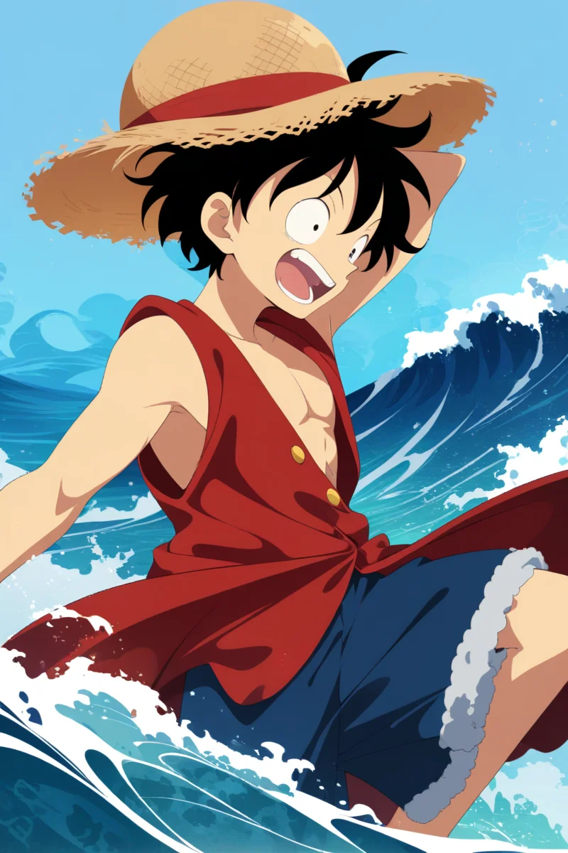 sambanekostyle, masterpiece, best quality, very aesthetic, absurdres, simple background,
monkey d. luffy, 18 years old, mature male, (adult:1.4), straw hat, red vest, shirtless, solo, waves, sea
<lora:SambaNekoStyle_animagineV31_v110:0.5>