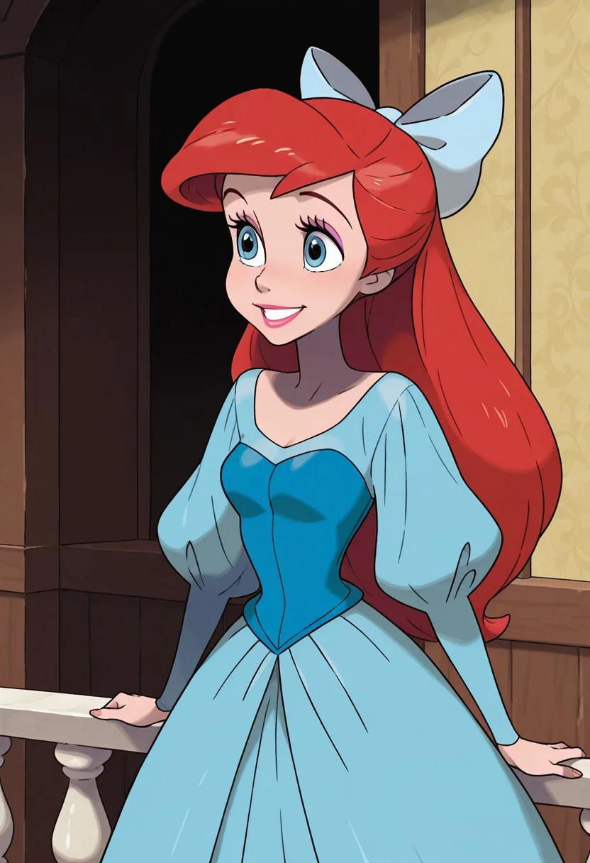 sugimori, jaggy lines, masterpiece, best quality, amazing quality, very aesthetic, absurdres, newest, detailed background,
ariel, 1girl, long hair, blue eyes, red hair, solo, bow, hair bow, dress, lipstick, makeup, long sleeves, smile, blue dress, blue bow, balcony,
<lora:Ariel_-_Disney_Illustrious:1>,