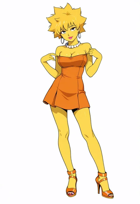 anime coloring, lineless, realistic cartoon,
flat colors, lisa simpson, yellow skin, pearl necklace, orange tube dress, strapless, earrings, lipstick, official art, orange footwear high stiletto heel, ankle straps shoes, tilt head, cleavage pulled down
Solo, pose, looking at viewer, white background, simple background, masterpiece, best quality, amazing quality, intricate ditails, , attractive exciting, seductive pose,
Standing,she holds a white strig in her right hand