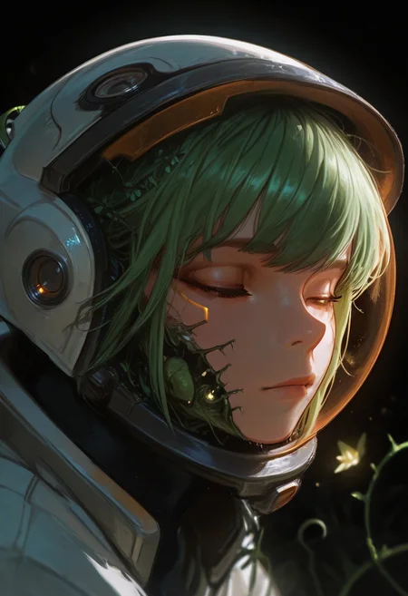 Close-up,face focus, masterpiece, best quality, good quality, very aesthetic, absurdres, newest, 8K, depth of field, focused subject,
1girl, solo, A highly detailed anime-style illustration of a young astronaut with a transparent space helmet, filled with lush green plants and glowing flowers. Her face is calm, eyes gently closed, as if in deep thought or sleep. The helmet acts as a self-sustaining biosphere, with vines growing inside. The suit is a fusion of futuristic cyberpunk aesthetics and organic elements, featuring metallic tubes and intricate bio-mechanical details. The lighting is soft and warm, casting a golden glow on the plants and the astronaut’s delicate face. The background is minimalistic, textured, and slightly aged, emphasizing a dreamlike, melancholic atmosphere.  soft shading, high detail, sci-fi botanical theme
 , black background
,masterpiece, best quality, very aesthetic, absurdres, haiz_ai, no lineart,no outline,
