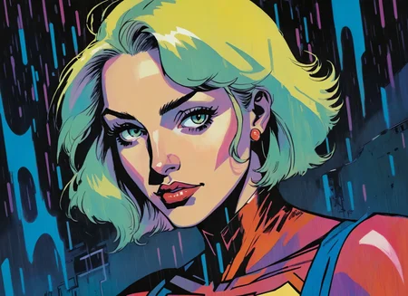 (a girl with a beautiful face), nighttime, cyberpunk city, dark, raining, neon lights , (<lora:pastel_colors_xl_v1:0.8> pastel colors ,<lora:DiscoDeliriumXL-v1.2:0.5> disco elysium ), cyberpunk, synthwave, 1980s, futurism, brutalism, neuromancer, cinematic photo in a dollar store, Pastels, Chiaroscuro,art by enki bilal, art by philippe druillet, art by moebius, inspired by french comics art,Power girl, supergirl, blonde