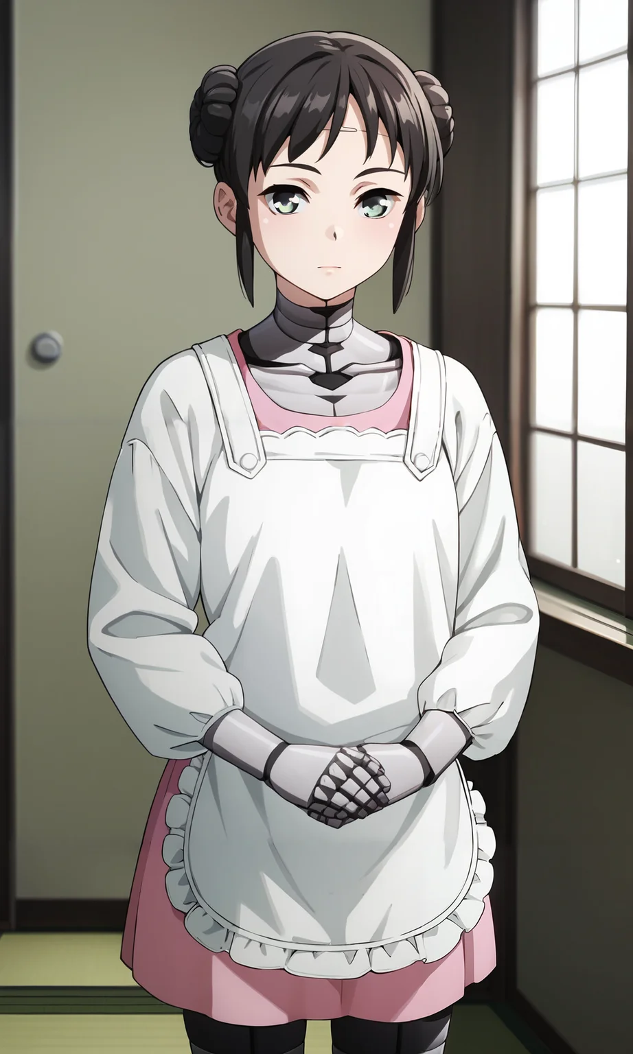 score_9, score_8_up, score_7_up, source_anime, zPDXL2, 1girl BREAK
<lora:mina:1> mina_wz, green eyes, eyelashes, black hair, double bun, hair bun, short hair, sidelocks, closed mouth, expressionless, android, pink dress, apron, white kappougi, black pantyhose, robot, mechanical parts BREAK
standing, cowboy shot, looking at viewer, expressionless, light blush, tatami, kitchen, blurry background,
