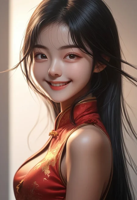 score_9, score_8_up, score_7_up, ((( )))
,
((( 1girl, solo, smiling)))
,
(( Upper body view, frontal shot))
,
((( Petite )))
,
((( )))
,
((Meilinmb, black hair, long hair))
,
(( Empty white room ))
,
((( Red cheongsam with golden pattern)))
,
(((( )))
