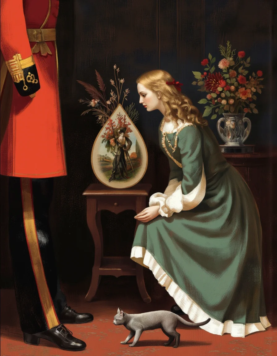 By Anna & Elena Balbusso. A digital illustration shoot from the side about a dramatic scene depicting a woman and a small grey cat in a dimly lit room, accompanied by a vase of flowers and a portrait of a man in a teardrop-shaped vase on a table. the image also shows a red military uniform with gold trim and a sword, standing on the left side of the image. on the middle of the scene, a woman with long, wavy blonde hair and fair skin, who appears to be in her mid-twenties, is kneeling on the floor with her hands on the cat's face, looking down with a gentle expression. she is wearing a green dress with white frills and a red ribbon in her hair. the cat is small and grey in color, and it is looking up at the woman with a curious expression. the background is a dark, textured wall with a subtle, warm color palette, and the overall mood is one of calmness and intimacy.