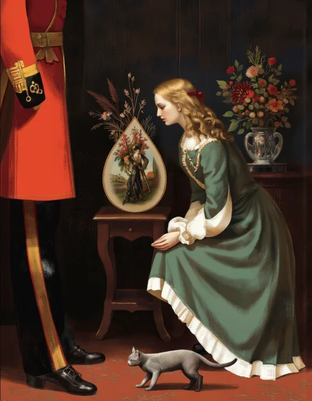 By Anna & Elena Balbusso. A digital illustration shoot from the side about a dramatic scene depicting a woman and a small grey cat in a dimly lit room, accompanied by a vase of flowers and a portrait of a man in a teardrop-shaped vase on a table. the image also shows a red military uniform with gold trim and a sword, standing on the left side of the image. on the middle of the scene, a woman with long, wavy blonde hair and fair skin, who appears to be in her mid-twenties, is kneeling on the floor with her hands on the cat's face, looking down with a gentle expression. she is wearing a green dress with white frills and a red ribbon in her hair. the cat is small and grey in color, and it is looking up at the woman with a curious expression. the background is a dark, textured wall with a subtle, warm color palette, and the overall mood is one of calmness and intimacy.