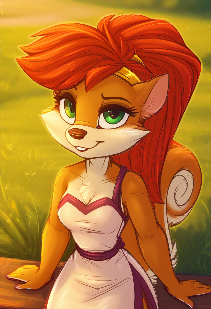 zPDXL, score_9_up, score_8_up,_7_up, score_6_up, score_5_up, score_4_up ,source_furry, best quality, amazing quality, blurry background, masterpiece, 1girl, magic in the air, looking at viewer, solo, cute, cute smile, adorable, outdoors, park, plants, (upper body,close, face focus, sitting:1.2), breast, venus, red hair, squirrel, long hair, green eyes, squirrel tail, orange-white fur, dress, gold hairband, sandals, side slit, <lora:Venus:0.8>, dimwitdog, <lora:dimwitdog:1.2>, Expressiveh, good_hands, <lora:Expressive_H:0.8>, <lora:Detail_Slider_v1.4_iteration_3:4>, <lora:pony_good_hands:0.8>