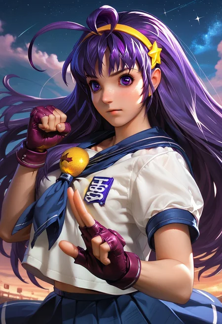 score_9_up, score_8_up, score_7_up, extreamly detailed, beautiful detailed face, complex detailed background, completely clothes, 1girl, BREAK,
ATHENA ASAMIYA, ATHENA ASAMIYA STUDENT UNIFROM, 1girl, solo, long hair, skirt, hair ornament, gloves, school uniform, purple eyes, purple hair, ahoge, hairband, serafuku, socks, fingerless gloves, star \(symbol\), star hair ornament, fighting stance