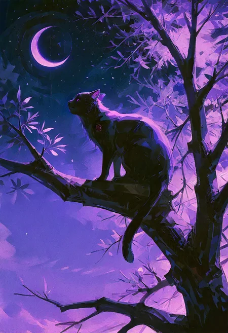 realistic,detailed background,score_9,score_8_up,score_7_up,masterpiece,best quality,
<lora:(增强)sdxl_lightning_8step_lora:1>,<lora:glowneon_xl_v1:1>,glowing,<lora:ExpressiveH:0.8>,Expressiveh,<lora:(增强)Hands XL 4:1>,perfect hands,
Surreal night scene,silhouette of a cat sitting on a tree branch,crescent moon in the sky,purple hues,starry night,dreamlike atmosphere,glowing edges,mystical,high contrast,ethereal light,detailed textures,whimsical,midjourneyv6.1