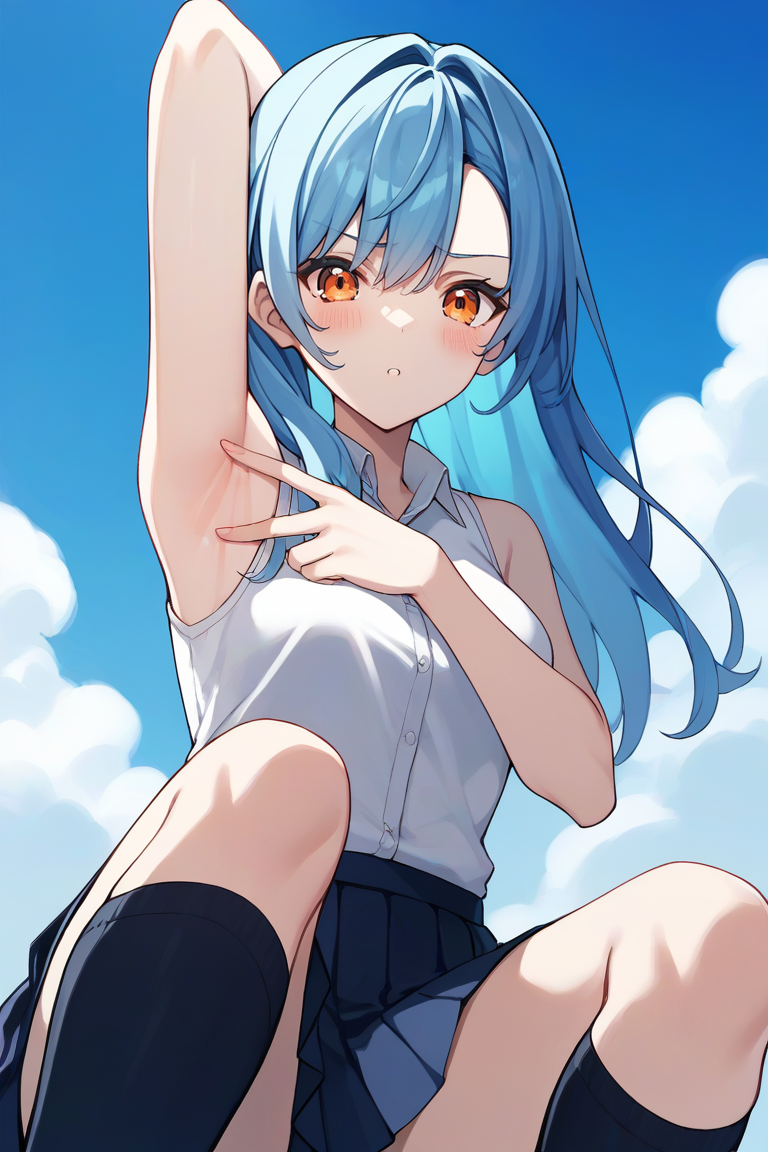 score_9, score_8_up, score_7_up, score_6_up, score_5_up, score_4_up, source_anime,
solo, 1girl,
<lora:SpreadArmpitV4-07:1>, spread armpit, arm up,
blush, looking at viewer, blue hair, long hair, open hair, orange eyes, white sleeveless shirt, collared shirt, black pleated skirt, black knee socks,