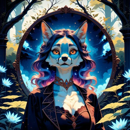 score_9, score_8_up, score_7_up,  fantasy anthro fox,  ethereal, vivid colours, lush, dreamlike, detailed and vibrant, full scene composition, good anatomy, beautiful eyes, mystical, elegant, beautiful, high res, alienworld, flowing ethereal hair, Ethereal Brushstroke