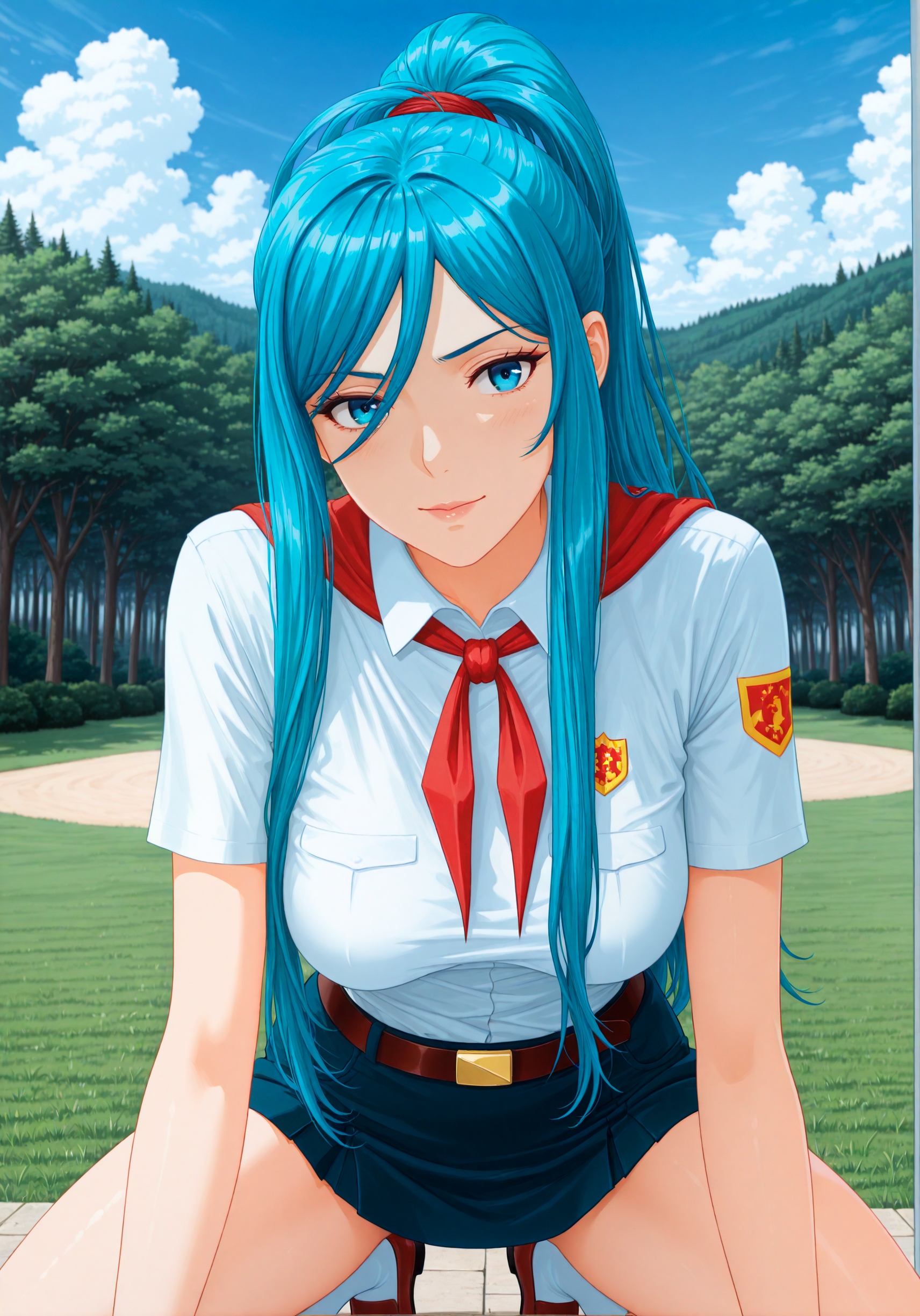masterpiece, high_quality, highres, detailed_eyes, detailed, masterpiece, best quality, absurdres, 8k, HDR, face_focus, high quality, very_awa, newest, absurdres, highres, depth_of_field, realistic_skin, pinkretroanime, (retro art:0.7), Jeddtl02, p0nyd1sney1ncasev1x0n2, very aesthetic, detailed face, pioneer_uniform, el_pioneer_outfit, white_shirt_pioneer, short_sleeves, pioneer_badge, blue_short_pioneer, red_neckerchief, belt, white_socks, shoes, <lora:Takao_Aoki_illustrious:1>, aquamarine hair color, ponytail, blue eyes, (medium hanging breasts:1.2), elegant and dominant, mature, adult, sexy, medium breasts, looking at viewer, detailed beautiful eye, medium breasts, amazing background, clouds, nature, forest, ,  <lora:Everlasting_summer_pioneer_uniform:1>