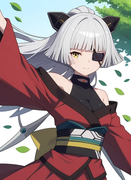 score_9,score_8_up,score_7_up,closed mouth, shiny skin, light smile,ohwx, 1girl, solo, long_hair, eyepatch, white_hair, yellow_eyes, ponytail, grey_hair, breasts, blunt_bangs, solo_focus, animal_ears,bare_shoulders, japanese_clothes, kimono, sash, obi, off_shoulder, wings, red_kimono, Jumping in a ballet leap, celestial lunar greenhouse with otherworldly plants,<lora:lugh_pony_sobsynapse-000011:1>