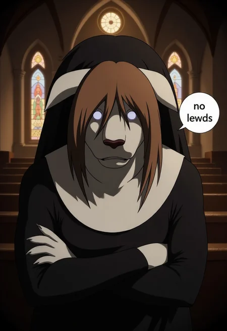 N!na, a tragic chimera with lifeless eyes, emphasizing her deep sadness and despair. Her pale fur and drooping ears emphasize her tragic state, unkempt brown hair and drooping canine-like ears stares forward with empty, matted brown hair, wearing nun outfit, with crossed arms in a dimly lit church. Text bubble "no lewds"