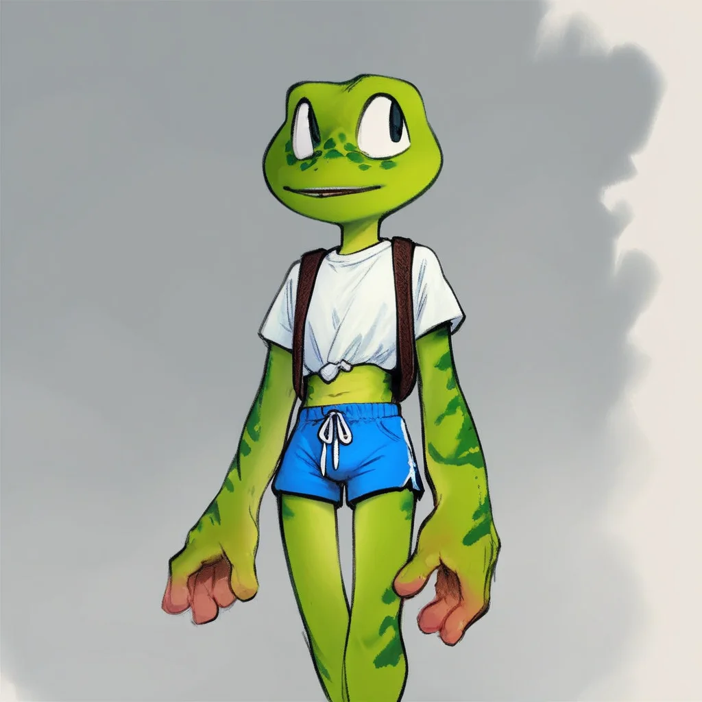 Frogger, anthro, frog, green skin, freckles, white shirt, blue shorts, standing, score_9, score_8_up