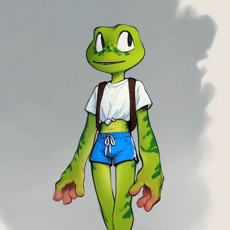 Frogger, anthro, frog, green skin, freckles, white shirt, blue shorts, standing, score_9, score_8_up
