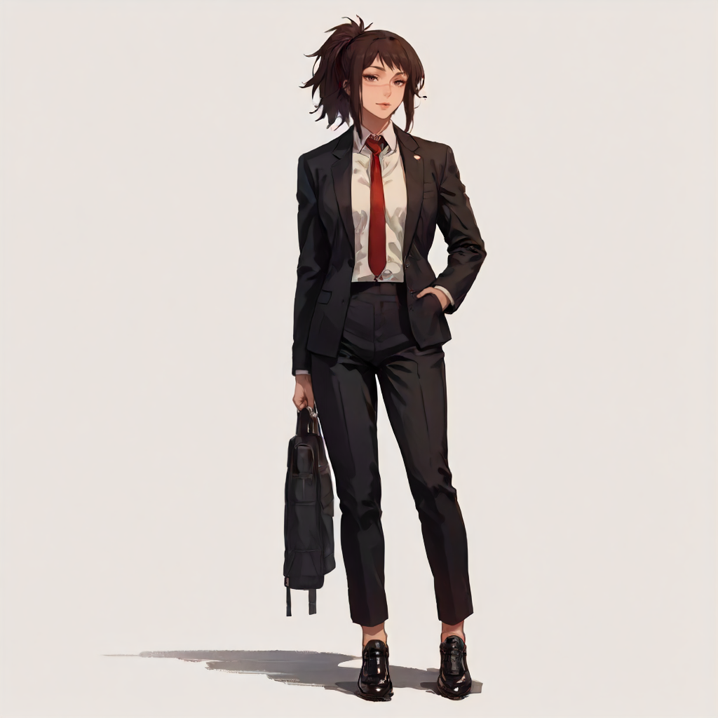 solo, simple background.    <lora:Character CSM Michiko Tendo v2:1> csmt3ndo, 1girl, suit, jacket, pants, tie, full body, score_9, score_8_up, score_7_up, score_6_up, score_5_up, score_4_up, masterpiece, detailxl. BREAK