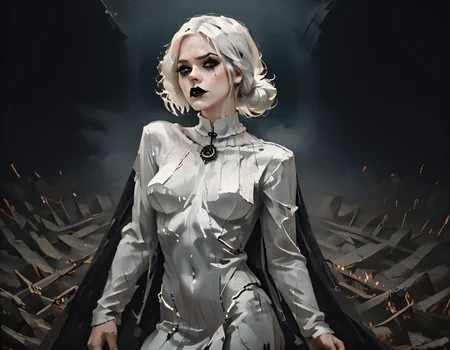 (score_9,score_8_up,score_7_up:1), 1girl, full body, center wide angle, night lighting, amused, (goth, (black lipstick, black mascara, black eyeshadow)), (skinny), white hair, coiled bun hairstyle, choker, eyeshadow)), (white scarred skin), large breasts, perky, <lora:breasts++-PD-swooping-1.0:1> swooping breasts , (sneaking), frozen green water, (<lora:Adepta_Sororitas_wh40k_Battle_Sisters:1> adepta sororitas, wh40k, battle sisters, power armor, black armor, pauldron), <lora:The_Coffin_of_Andy_and_Leyley_Game_Artstyle_PonyXL:1>