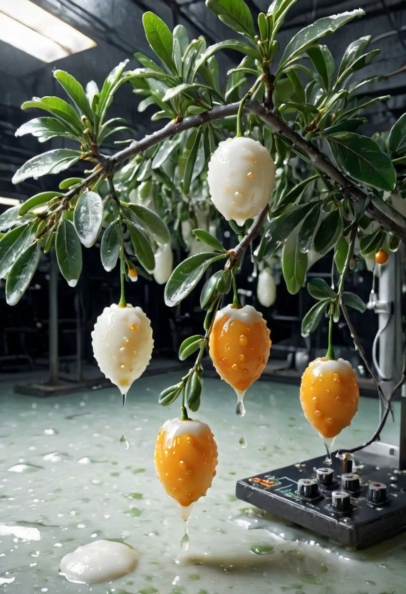 a somewhat realistic photo, White wax, kumquats hanging from a branch, something is sightly off, uncanny, green tinted fluorescent lighting, highly detailed background, background of generic electronics, dark factory interior, White wax, melting background
