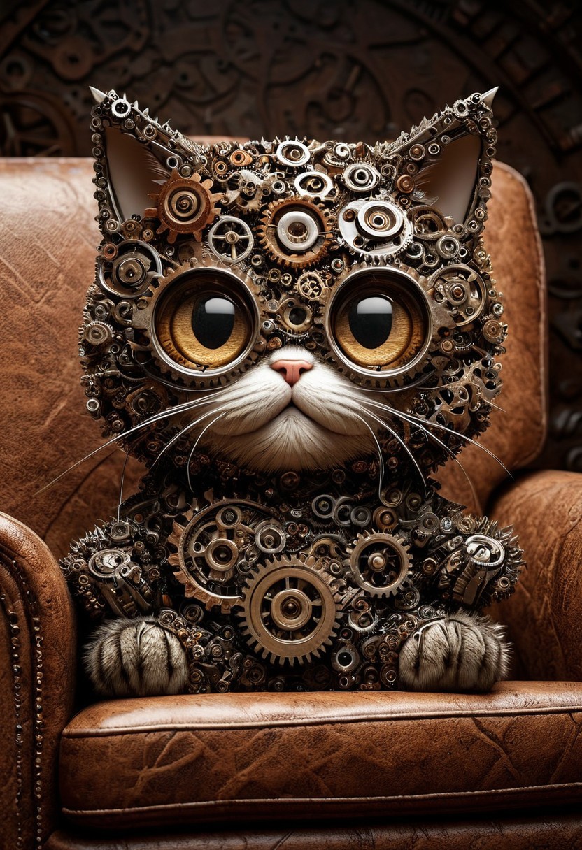 masterpiece, best quality, absurdres, cute mechanized chibi cat made out of gears, cute eyes, comy sofa background, funny theme