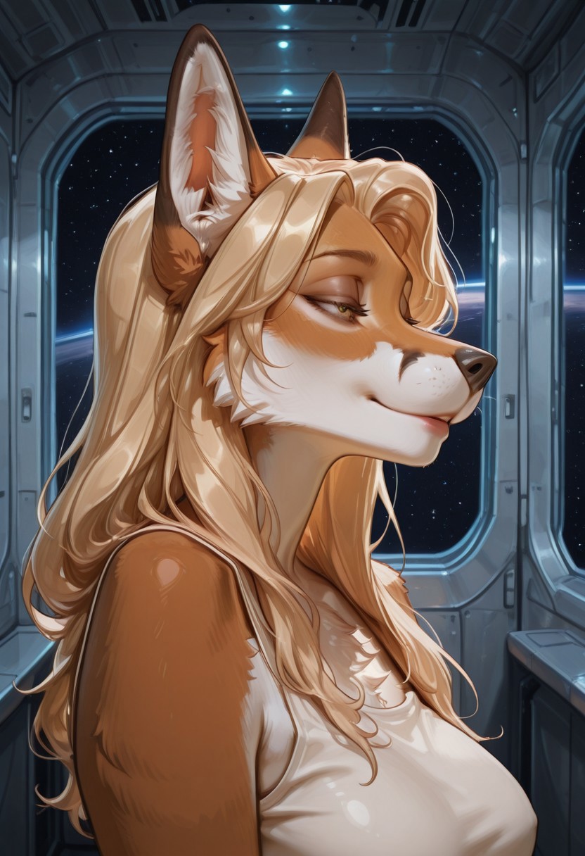 highly detailed, best quality, masterpiece, detailed background, detailed fur, detailed eyes, 1woman, Denebra, Fox woman, blonde hair, older woman, mature, natural body, natural breasts,
futuristic background, metal walls, bedroom, space station,
Variety,