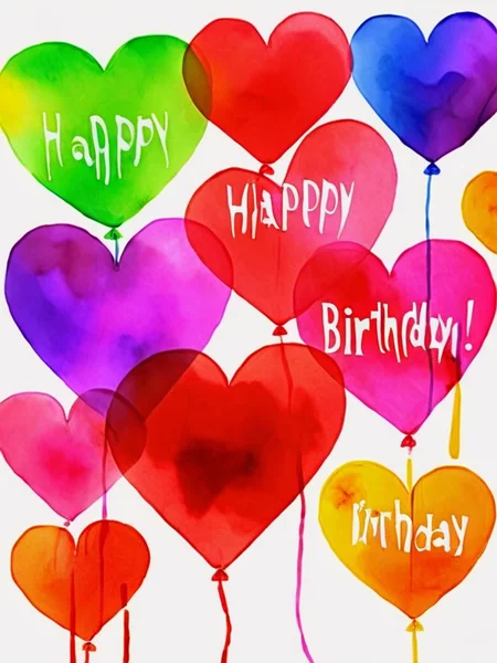<lora:SDXL_Happy_Birthday_Sa_May-v7:1> Happy Birthday! vibrant  balloons painted in a watercolor style. These balloons come in a delightful mix of colors: red, orange, yellow, green, blue, purple, and pink. In the center, there's a large red heart with the white bold words "HAPPY BIRTHDAY" printed on it.