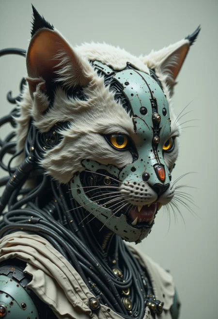 A desaturated, vintage-style close-up photograph captures the face of a cyborg cat-womanâpart beast, part machine, a haunting relic of something once organic. Her fur, what little remains, clings to the contours of her face in uneven patches, coarse and ghostly pale. Jagged seams of cybernetic augmentation split through the soft texture, revealing glimmers of exposed metal and synthetic muscle beneath. Long, delicate whiskers tremble in the stale air, unnervingly intact, as if mocking the humanity she has lost.
Her eyes, once feline, now glow with a cold, artificial luminance beneath a sleek crystalline visor, fractured with erratic energy discharges. A heavy, intricately engineered armor pauldron encases her right shoulderâa masterpiece of brutalist design, layered with interlocking plates, etched circuitry, and glowing seams pulsing like veins of molten steel. Exposed conduits snake across her collarbone, feeding into the mechanical sinew of her exoskeletal frame.
From her back, long, sinewy tendrils unfurlâslick, almost organic, their metallic hooks twitching as if sensing prey. The air around her is heavy with desaturated huesâfaded cyan, sickly amber, and washed-out violet, casting ghostly reflections on her fur and steel. She doesnât breathe. She only watches, still, predatory, her presence a silent omen of something inevitable⌠and violent. enistyle