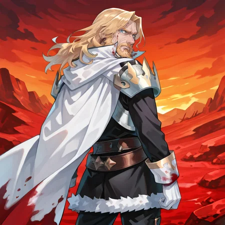 <lora:OrdeneIL:0.85> , ordedef, 1boy, blue eyes, blonde hair, long hair, facial hair, mustache, beard, white cape, collared cape, armor, pauldrons, white gloves, fur-trimmed skirt, black skirt, black pants, belt, cowboy shot, exterior, (from behind), looking back, serious expression, wasteland, bloody, blood-stained clothes, old man, wrinkles, , looking at viewer, solo, masterpiece, very aesthetic, absurdres, best quality, amazing quality, high resolution, newest, very awa, <lora:illustrious_quality_modifiers_masterpieces_v1:0.8> , <lora:ChamIllustriousBackgroundEnhancer:0.5>,  ((solo)),