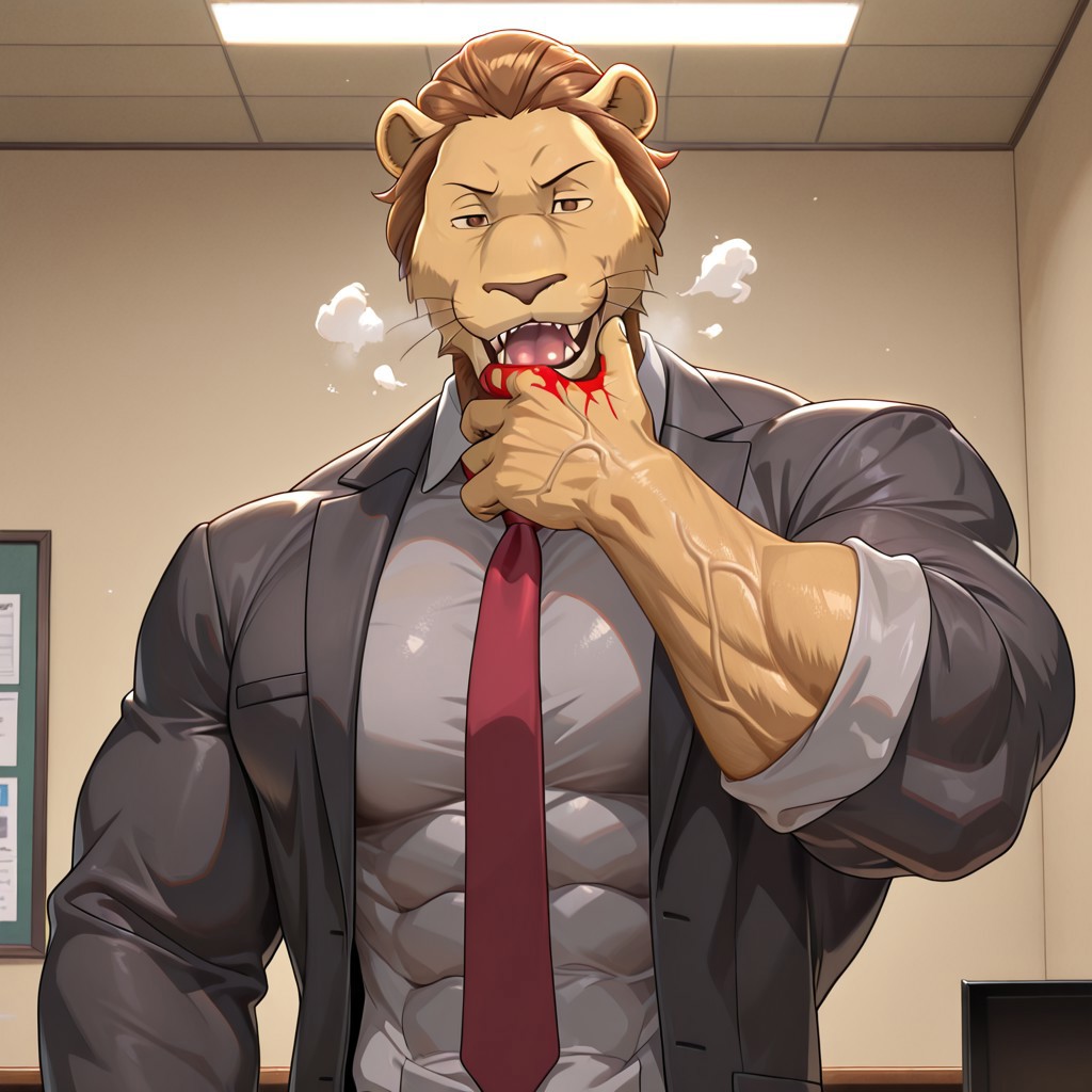 masterpiece, best quality, amazing quality, very aesthetic, absurdres, newest, high quality, detailed, male, solo male, 1boy, MayorBeastars, anthro, lion, mature male, athletic build, muscle body, muscle biceps, muscle chest, abs, upper body, brown eyes, brown hair, long hair, animal ears, broad shoulders, red tie, gray shirt, black suit jacket,open mouth, sharp fangs, office, looking at viewer, smiling, volumetric lighting, smug grin, hyper pecs, muscle veins, heavy breathing, steam, sharp fangs, saber tooths, licking his hand, bloody face, bloody hand, extrem steam coming from his muscles