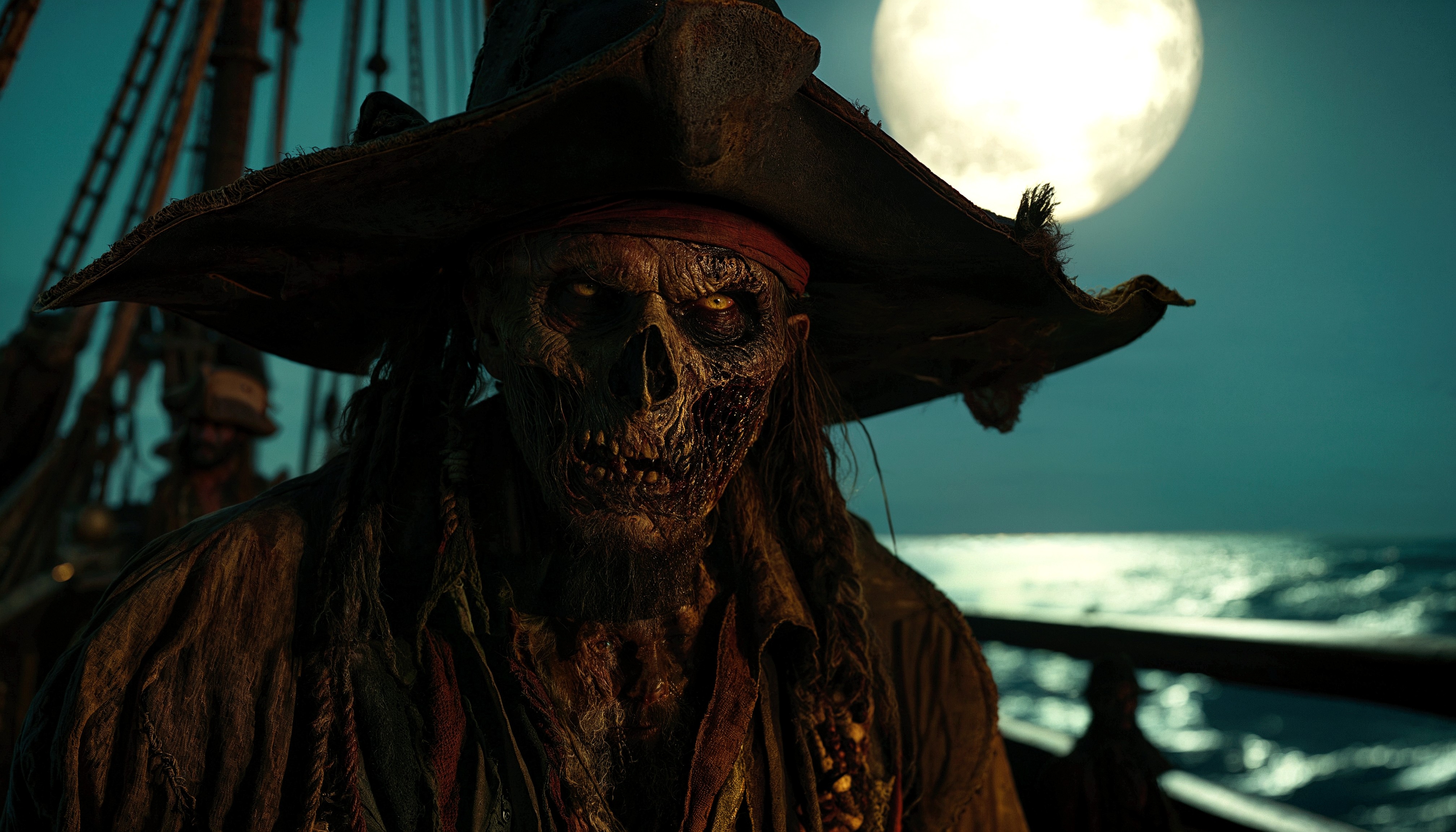 A movie film still of A mysterious zombie pirate with a weathered face and a wide-brimmed hat, standing in dramatic chiaroscuro lighting that highlights the shadows and contours of his expression, enhancing his rugged and intense demeanor. out on the deck of a pirate ghost ship on a moon lit night. 4k , 8k ,UHD