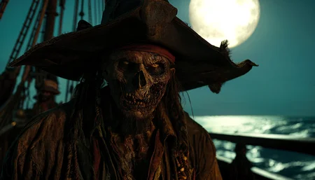 A movie film still of A mysterious zombie pirate with a weathered face and a wide-brimmed hat, standing in dramatic chiaroscuro lighting that highlights the shadows and contours of his expression, enhancing his rugged and intense demeanor. out on the deck of a pirate ghost ship on a moon lit night. 4k , 8k ,UHD