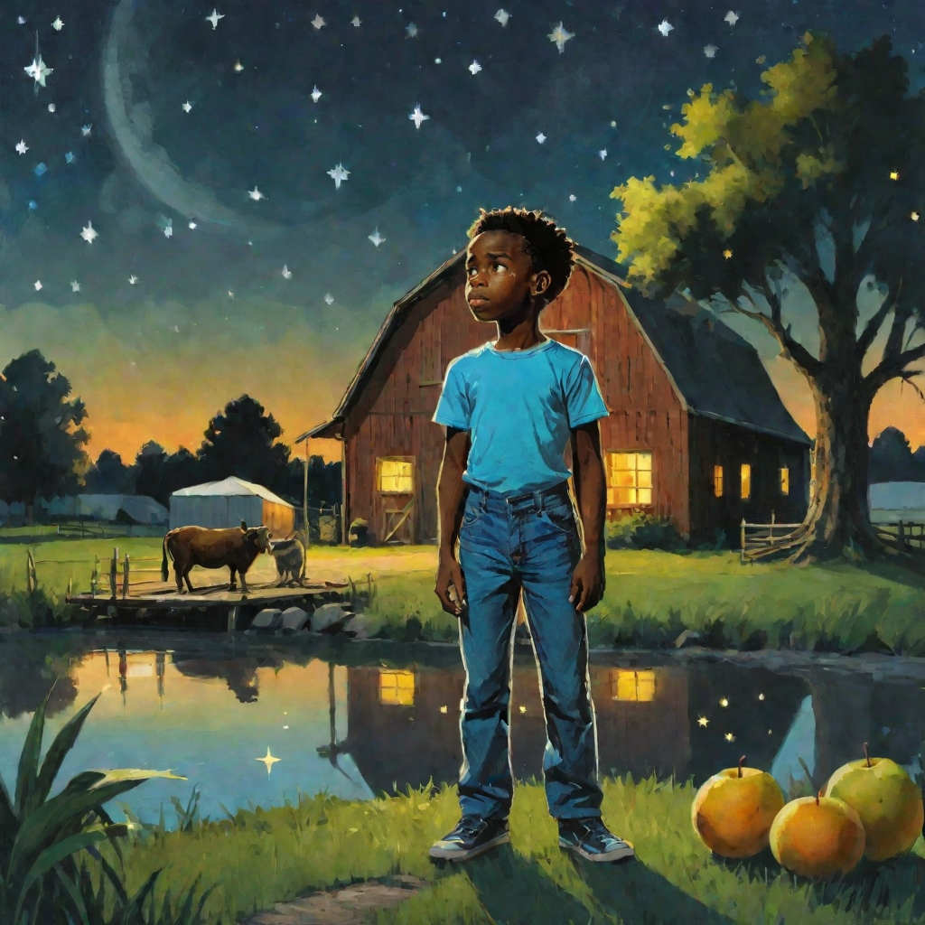 Art photo of a dark skin boy standing outside his home in the night the moon is in the sky and there are a lots of stars in the sky, trees, lake, barn, lots of animals out at night and in the yard there are lots of fruit trees 
, shooting star  across the sky ((full body shots))
------Model used--------pixelpaintBeautiful_v10
