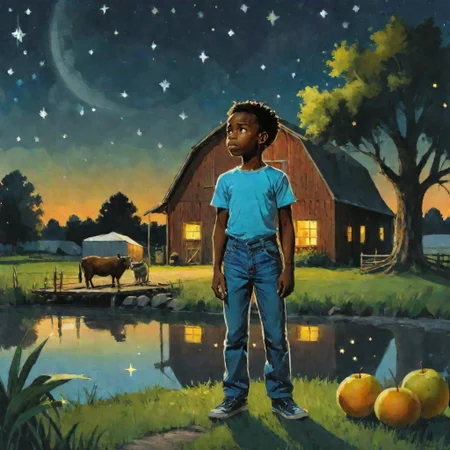 Art photo of a dark skin boy standing outside his home in the night the moon is in the sky and there are a lots of stars in the sky, trees, lake, barn, lots of animals out at night and in the yard there are lots of fruit trees 
, shooting star  across the sky ((full body shots))
------Model used--------pixelpaintBeautiful_v10
