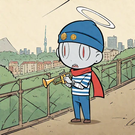 score_9,score_8_up, by Simon Hutt and Fujiko Fujio \(skchkko\), (solo:1.2), 1mutant, Insects humanoid, pale grey skin, Scenery, tired eyes, Red pupils, hidden nose, sharp teeth, Insect antenna, power lines, no humans, Blue Beret Aviator hat, bandage arms, Blue striped simple Sweater Button Up robe, red Scarf, white halo, barbwire collar, shackles on wrist, excited and Screaming, Slightly Side View, holding Trumpet, New York Background, Artist by Alexis Beaumont and Hiroyuki Imaishi, France hand drawn art, hand drawn illustration, Style of Yoojeong Bae and Fujiko Fujio, Flat 2D Art Style, Thick lineart, Art Style of Wuye Changjie and Hiroyuki Imaishi, Jungsu Lee parody, <lora:Alternative_lora:0.7>,<lora:TakeichiAbarayaArtistStyle_v10:0.2>, <lora:AlexisBeaumont-10:0.8>, <lora:SilviaDeVenturaArtist-19:0.2>, <lora:LewisTrondheimXLP_Style:1>, <lora:Kim_Pong_PongV2:0.9>, <lora:Archies_Comic-XL:1>, <lora:Mutafukaz-000044:0.8>