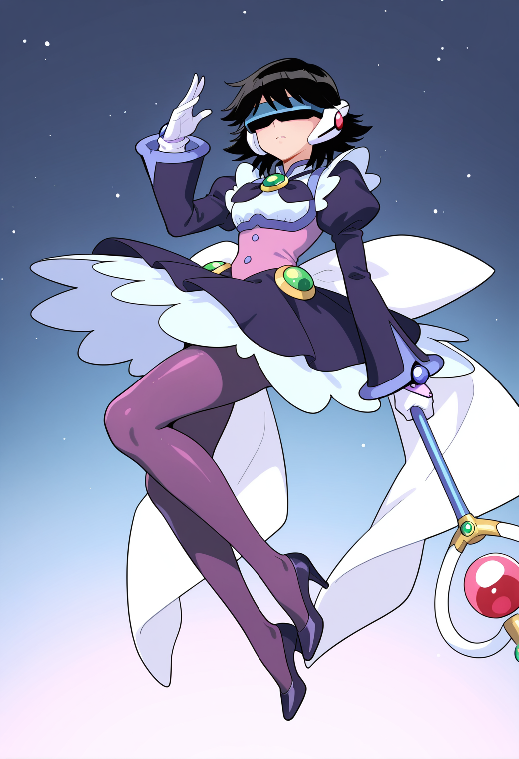 masterpiece, best quality, very aesthetic, absurdres, 1girl, solo,
<lora:corrector_ai_fairy_v01:0.9>, corrector_ai, fairy_element_suit, black hair, short hair, head-mounted display,
magical girl, headgear, dress, long sleeves, puffy sleeves, brooch, bow, white gloves, purple pantyhose, high heels, holding wand, posing