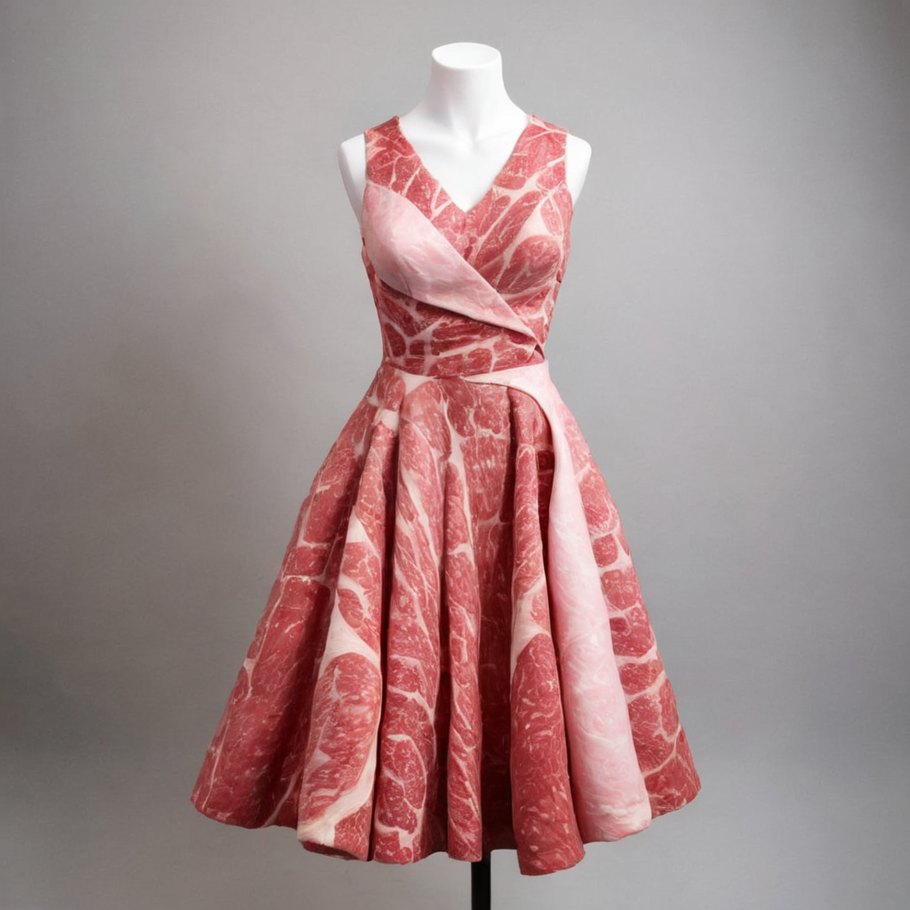 Visualize a unique and avant-garde dress, meticulously crafted using pieces of meat, seamlessly stitched together to form a cohesive garment. This dress should drape elegantly over a human mannequin, showcasing the meat's natural textures and colors. The mannequin should stand confidently, emphasizing the dress's unconventional beauty. The meat should appear fresh, with varying shades of reds and pinks, and the stitching should be discreet, allowing the meat pieces to appear as if they're naturally connected. The overall ambiance should be sophisticated, with a spotlight focusing on the dress, highlighting its intricate details and craftsmanship,<lora:jpbeef:0.55>