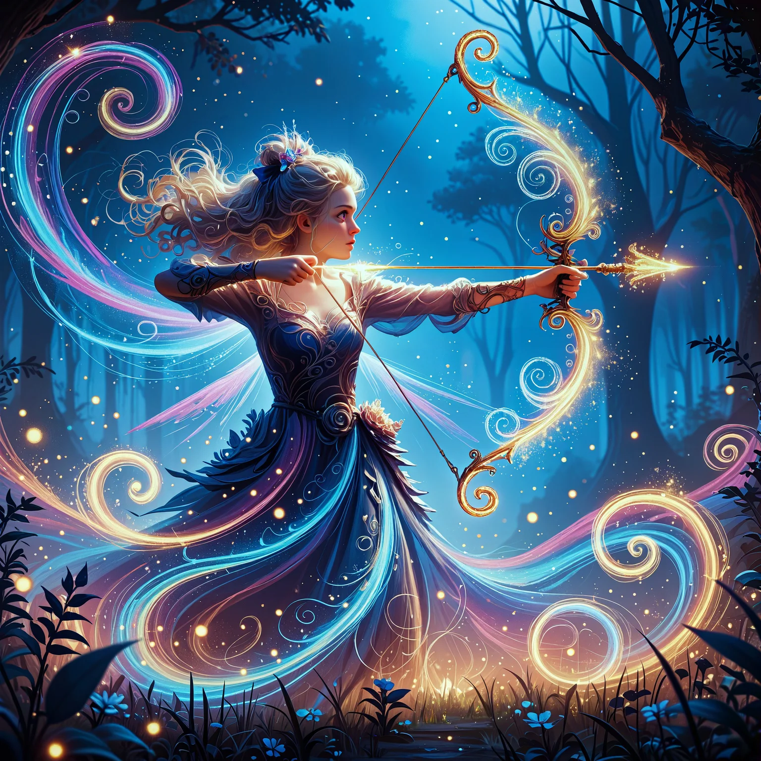 Score_9, score_8_up, score_7_up, score_6_up, score_5_up, score_4_up, 1girl, mystical archer, fantasy character, glowing swirls, luminescent figure, magical bow, ethereal arrow, weapon, tree, arrow \(projectile\), solo, grass, 1girl, nature, night, light particles, outdoors, forest, glowing, drawing bow, holding bow \(weapon\), long hair, aiming, holding weapon, holding, standing, curly hair, flower, fantasy, vibrant colors, ethereal atmosphere, otherworldly glow, neon lights, colorful aura, sparkling ambiance, bioluminescent elements, enchanted forest, vivid lighting, bright illumination, multicolored lights, dynamic light effects, mystical scene, surreal scenery, fantasy art, high detail, vibrant palette, blue, purple, pink, orange, yellow, green, neon, glowing, wonder, awe, enchantment, magic, digital painting, high contrast, whimsical, captivating pose, dynamic composition, close up, swirling, glowing magical energy. <lora:Selftrained\Lumina_Mystica:0.4>