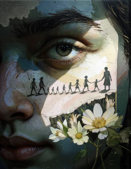 Close up portrait in Tony Rodriguez style.
An enigmatic composition bathed in soft, diffused light, blending whispers of surrealism and melancholia. The scene unfolds in a cinematic atmosphere where subtle textures and delicate grains add depth, while the interplay of light and shadow enhances the quiet intensity of the moment. A subdued color palette merges with ethereal haze, evoking a dreamlike quality and timeless stillness. The central subject âIn an extreme close-up, Henryâs eye reflects a tiny shadow puppet procession crossing a narrow thread of light. The camera pulls back to reveal the puppets marching along a precarious line cast by a ray of sunlight, their shapes flickering as though resisting the brightness.â is delicately framed, their presence balanced between mystery and intimacy. Surrounding elements, rich in symbolic undertones, anchor the narrative in an otherworldly context. Organic details like softly swaying flora or faintly glowing surfaces contrast with stark, haunting figures, creating a juxtaposition that is both poignant and surreal. The composition invites introspection, with negative space amplifying the mood's resonance. Every detail, from the atmospheric depth to the muted highlights, serves to craft an image that feels suspended in an emotional, poetic realm, steeped in quiet nostalgia. surreal style <lora:Tony_Rodriguez:0.85>
