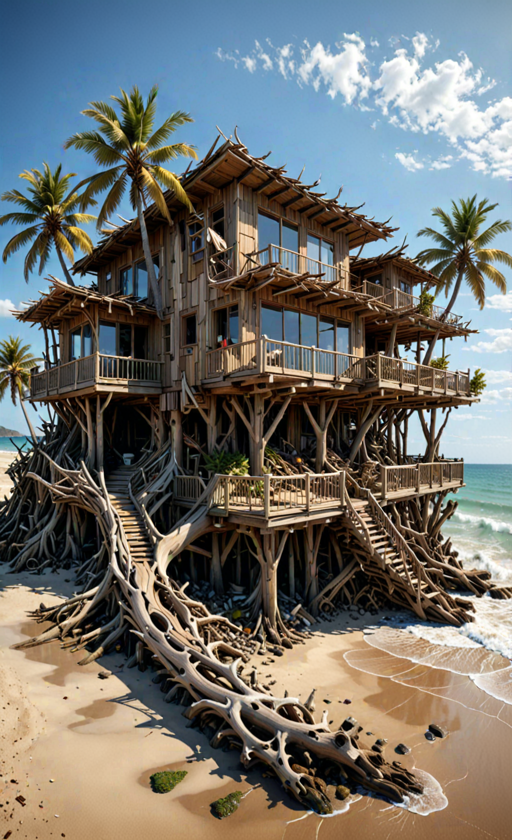 organic, tropical beach house, uneven, unconventional, Waterfall, Palm trees, modern architecture made of driftwood house on stilts, chaotic, organic design, bezier, <lora:Driftwood_Detailed_Art_-_By_DICE:1>, (Very Intricate), Epic, <lora:3D_Framed_Wall_Art_-_By_DICE:0.6>,(3D Framed, Driftwood), UHD