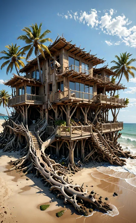 organic, tropical beach house, uneven, unconventional, Waterfall, Palm trees, modern architecture made of driftwood house on stilts, chaotic, organic design, bezier, <lora:Driftwood_Detailed_Art_-_By_DICE:1>, (Very Intricate), Epic, <lora:3D_Framed_Wall_Art_-_By_DICE:0.6>,(3D Framed, Driftwood), UHD
