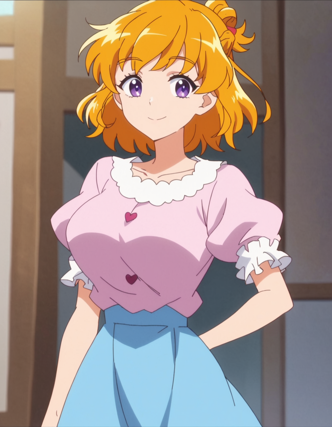 score_9, score_8_up, score_7_up, anime screencap, solo,1girl,asahinamiraimd, blue skirt,  short sleeves, pink shirt, puffy sleeves,purple eyes,smile, looking at viewer,cowboy shot,large breasts <lora:asahinamiraimd:0.8>
