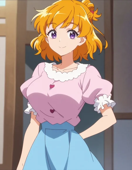 score_9, score_8_up, score_7_up, anime screencap, solo,1girl,asahinamiraimd, blue skirt, short sleeves, pink shirt, puffy sleeves,purple eyes,smile, looking at viewer,cowboy shot,large breasts <lora:asahinamiraimd:0.8>
