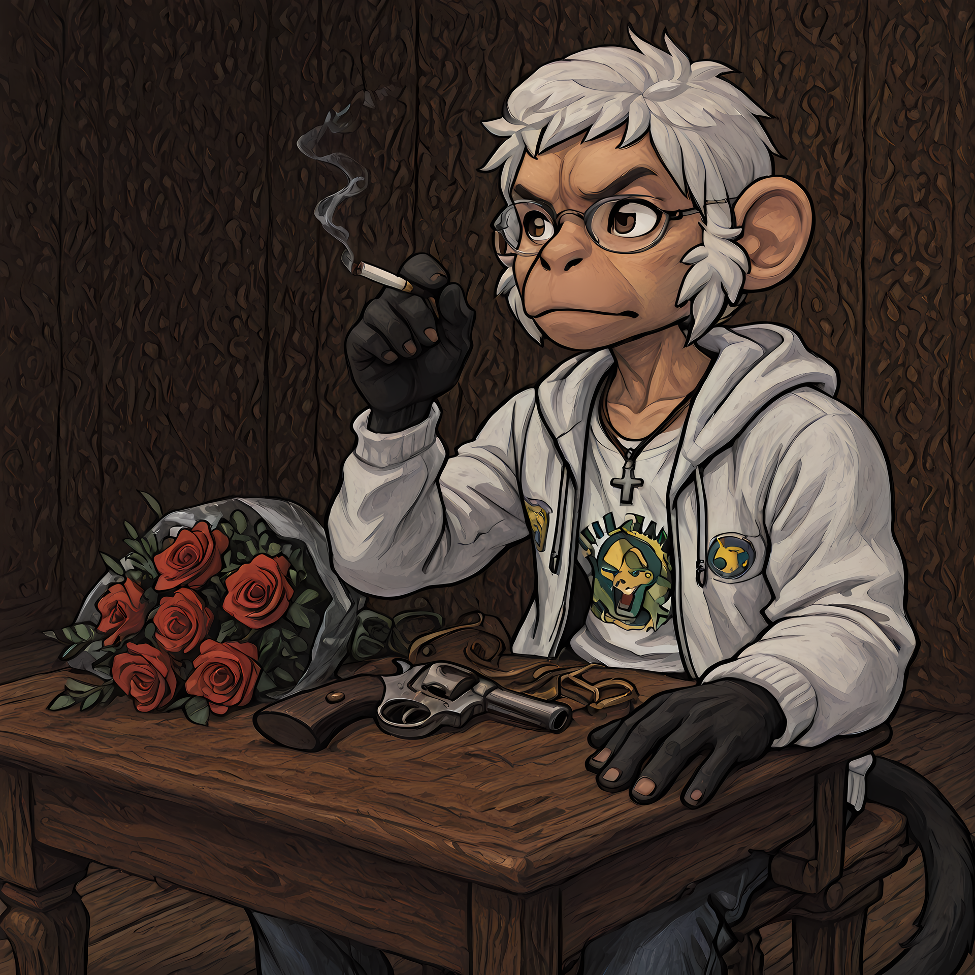 masterpiece, best quality, amazing quality, toon style, BREAK
mtmltyolb, sitting, table, roses, bouqet, handgun, revolver, holding cigarette, 5 fingers, BREAK
1boy, solo, male focus, monkey boy, joaoenzo, white hair, short hair, glasses, brown eyes, cross necklace, white neck, white hoodie, open hoodie, brazilian shirt, black tail, black hands, BREAK 
  <lora:Music to Make Love to Your Old Lady By - ILXL:0.8> <lora:João Enzo Almeida - ILXL:1.0>,, <lora:Arwes_Dynamism_Style-000008:1> arwe, dynamism  <lora:The_World_Ends_With_YouGame_Art_Style:1> <lora:style illustrious gardenwall:1> linework, w411style