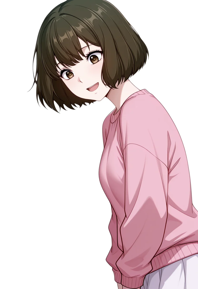 masterpiece,high quality details, absurdres,
<lora:Akira_Dojima_V2:0.8> akira_cnr,1girl, brown hair, short hair, bob cut, bangs,brown eyes, akira_def, white skirt,pink sweater,, simple background, white background, from side,solo,, despair,excited,