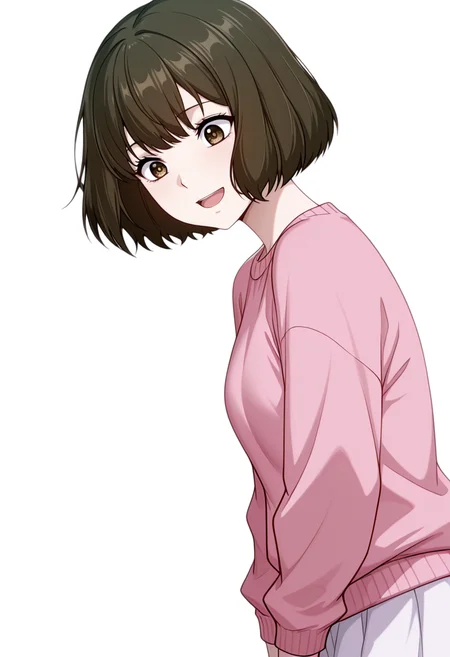 masterpiece,high quality details, absurdres,
<lora:Akira_Dojima_V2:0.8> akira_cnr,1girl, brown hair, short hair, bob cut, bangs,brown eyes, akira_def, white skirt,pink sweater,, simple background, white background, from side,solo,, despair,excited,