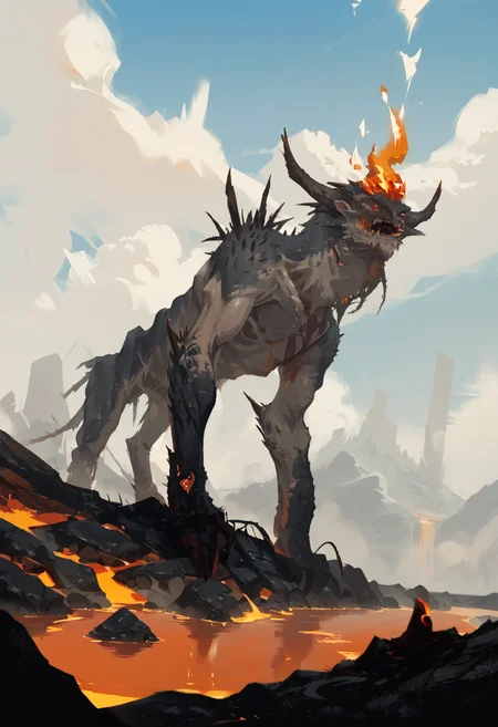 score_9, score_8_up, score_7_up, score_6_up, score_5_up, score_4_up,
<lora:ToonFusion:1> t00nfus1on,
solo, red eyes, sky, day, blue sky, glowing, fire, 1other, scenery, smoke, monster, mountain, fantasy, giant, extra eyes, burning, lava, volcano