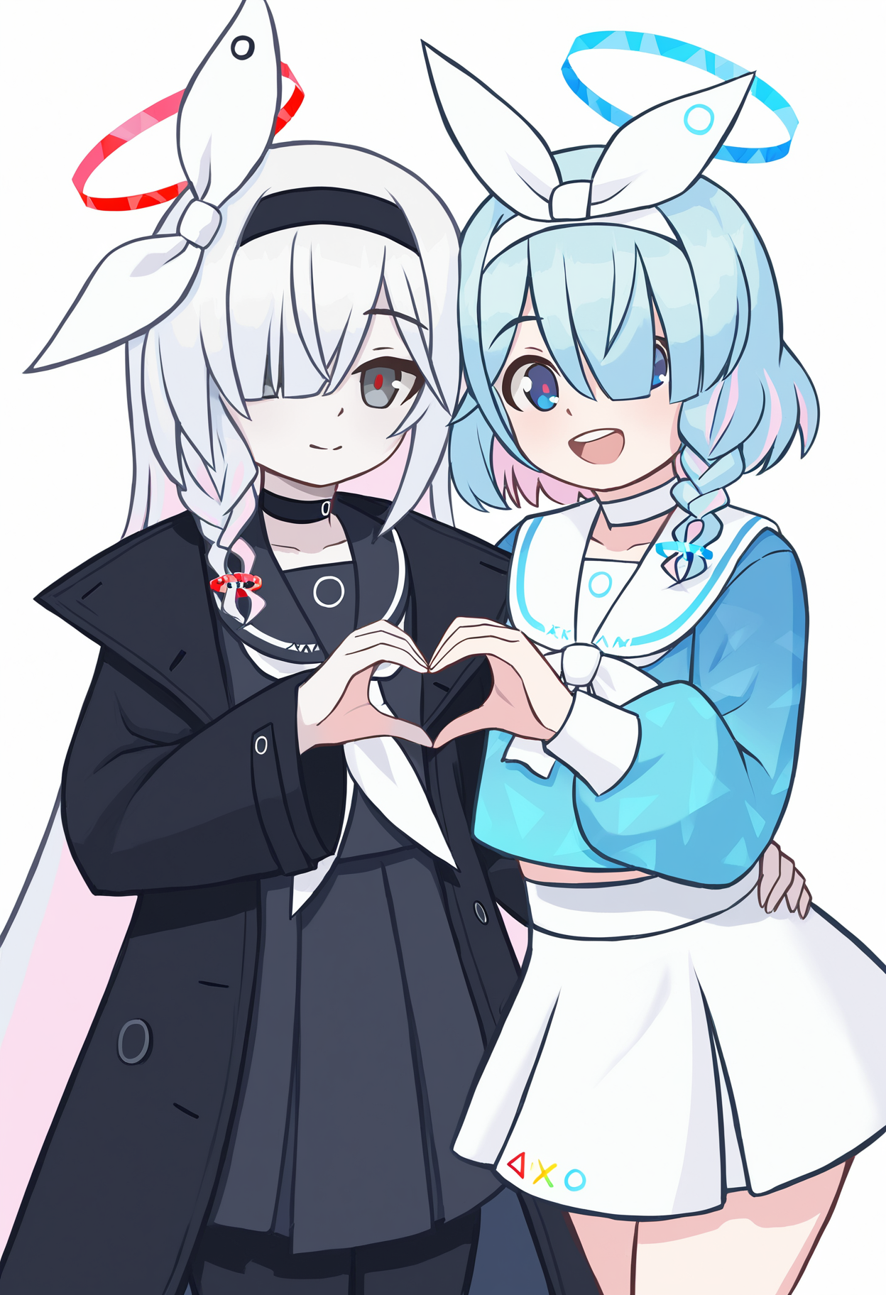 arona (blue archive), plana (blue archive), long hair, looking at viewer, smile, open mouth, short hair, blue eyes, simple background, shirt, skirt, multiple girls, long sleeves, white background, ribbon, closed mouth, 2girls, very long hair, blue hair, school uniform, white hair, pink hair, braid, multicolored hair, heart, pantyhose, pleated skirt, hairband, open clothes, choker, serafuku, black skirt, sailor collar, star (symbol), hair over one eye, black eyes, two-tone hair, halo, coat, black pantyhose, grey eyes, neckerchief, single braid, black choker, white skirt, blue shirt, black hairband, white ribbon, colored inner hair, black coat, black sailor collar, white sailor collar, open coat, black serafuku, white hairband, heart hands, blue halo, white choker, red halo, white neckerchief, red pupils, heart hands duo
, masterpiece, best quality, good quality,
<lora:duhota_noob_vpred-1.0_edm2_v1:1>