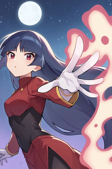 score_9, score_8_up, source_anime, 1girl, solo BREAK <lora:sabrina-pdxl-nvwls-v1-000006:1> frlgsab, blunt bangs, very long hair, black bodysuit, red turtleneck, red sleeves, red skirt, white gloves, black pantyhose, from side, outstretched hands, purple glow, evil aura, emotionless, levitating, night sky, stars, moon, looking at you