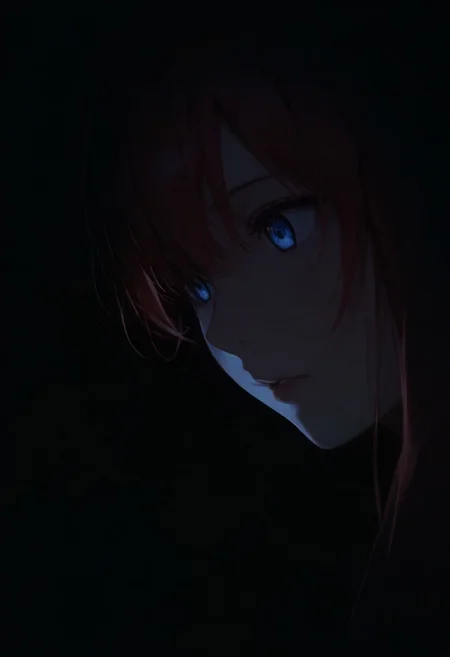 1girl,Nakano Miku (The Quintessential Quintuplets), solo, dark, light, masterpiece, best quality, very aesthetic, close up,  parted lips
