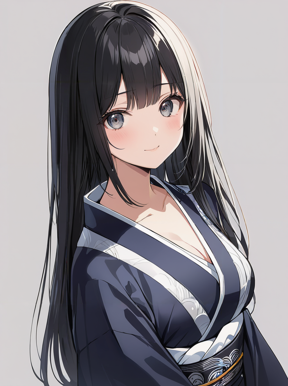 masterpiece,ultra-detailed,best quality,8K,illustration,cute face,clean skin ,shiny hair,girl,middle breasts,ultra-detailed-eyes,simple background, <lora:add-detail-xl:1>  <lora:straight hair_XL_V2.0:0.7> straight hair;black hair,kimono